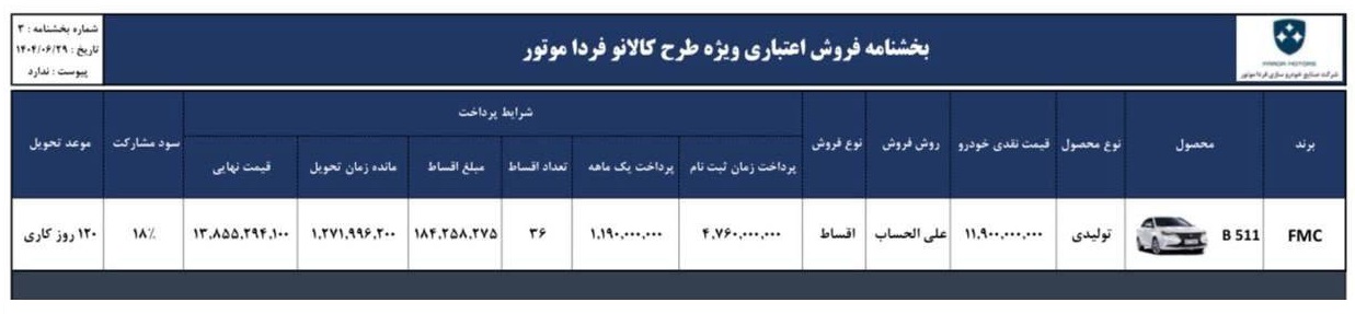 شرایط فروش فردا موتورز ۵۱۱