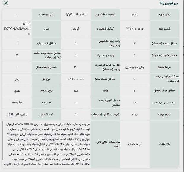 عرضه ون وانا ایران&zwnj;خودرو دیزل در بورس کالا