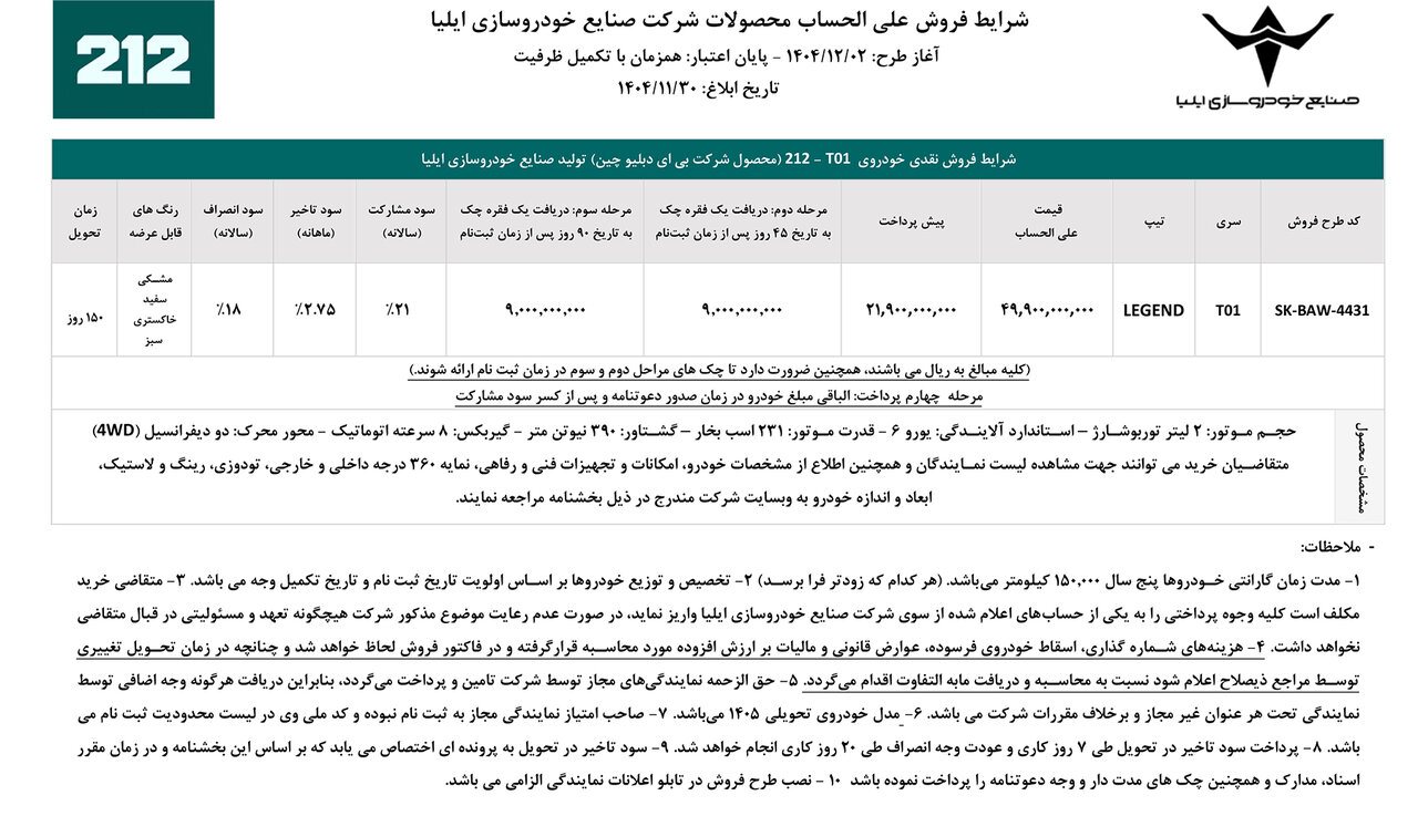 شرایط پیش فروش BAW 212 T01