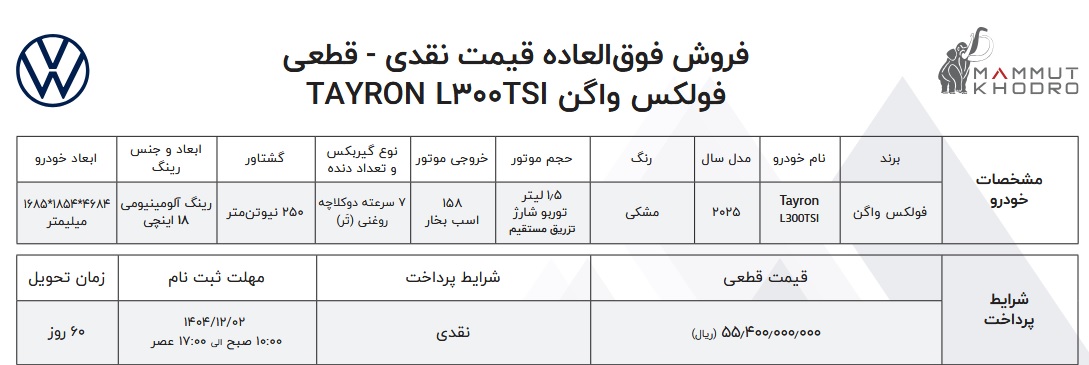 شرایط فروش فولکس واگن تایرون