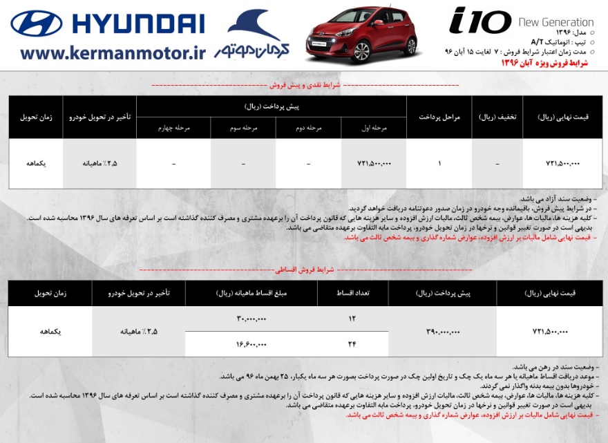 شرایط فروش هیوندای i10 ویژه آبان 96
