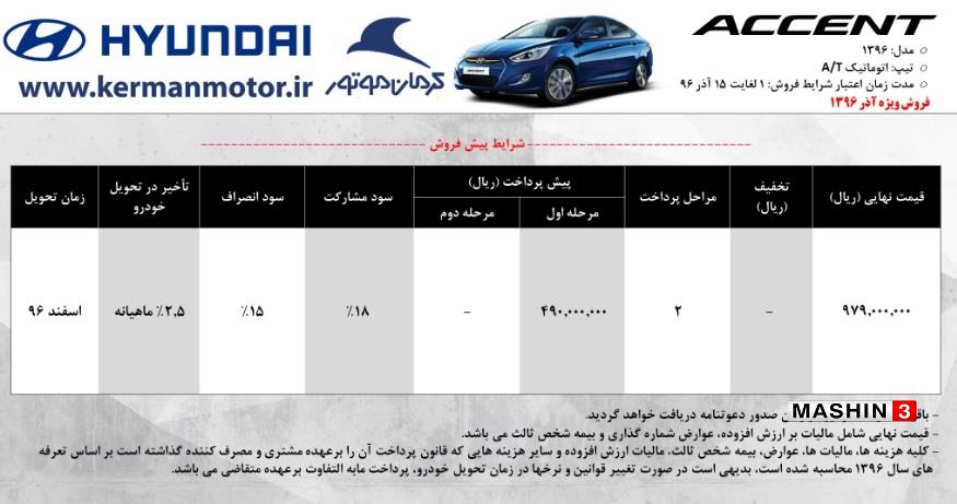 شرایط پیش فروش هیوندای اکسنت - آذر 96
