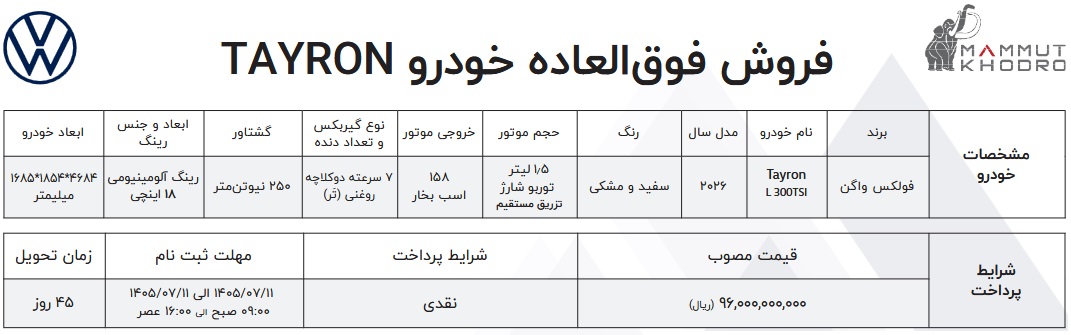 شرایط فروش فولکس واگن تایرون
